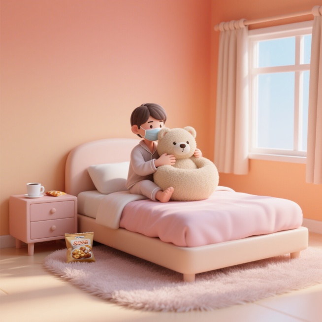 趣味3D插画风格，周末卧室，一位自在随性年轻中性形象，没有口罩，穿着宽松居家服，正抱着一个大毛绒玩具窝在床上看剧，床上铺着普通棉质床单，地上铺着毛绒地毯，窗帘普通布艺，床头柜上放着一杯热可可和一袋零食预览效果