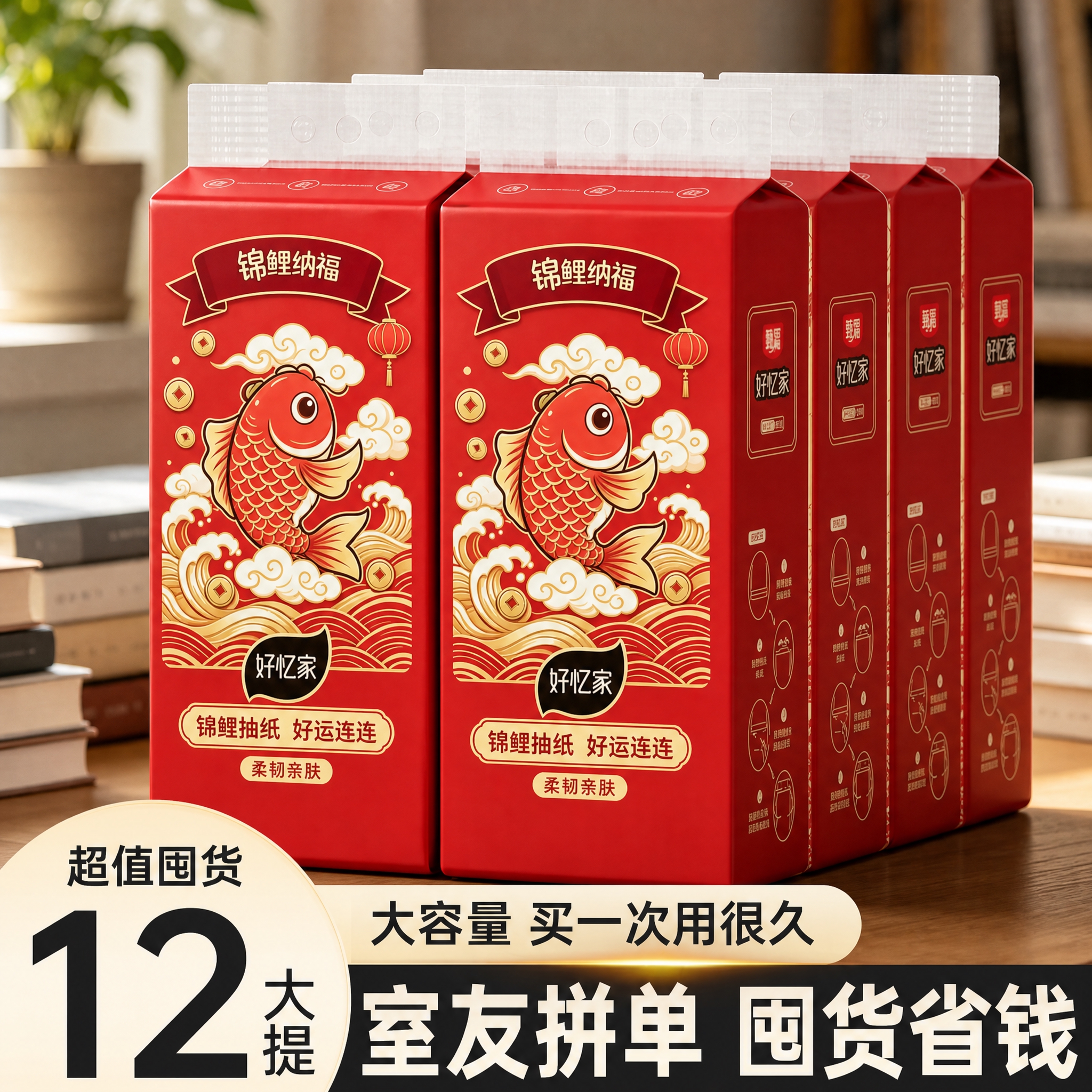 将第一张白底图中红色锦鲤抽纸包装的全部图案主题（包括红色锦鲤、… - 图片创意预览