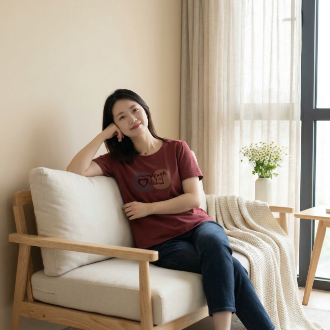 同一位模特穿着这件酒红色印花T恤，在奶油风治愈居家室内场景，姿势为手肘搭在沙发靠背上，微微歪头，浅米色墙面搭配原木沙发，米白色针织盖毯，落地窗透入柔和自然光，搭配半透亚麻纱帘，白色陶瓷花瓶配小雏菊，整预览效果