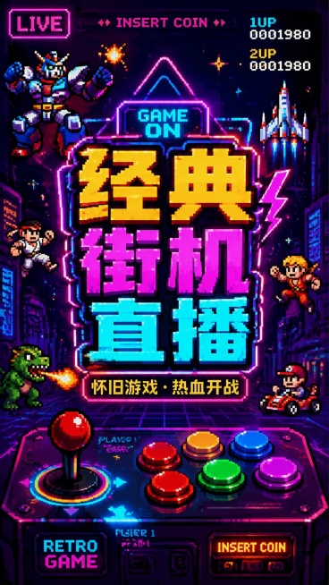 做一个直播封面，要适合经典街机的封面预览效果
