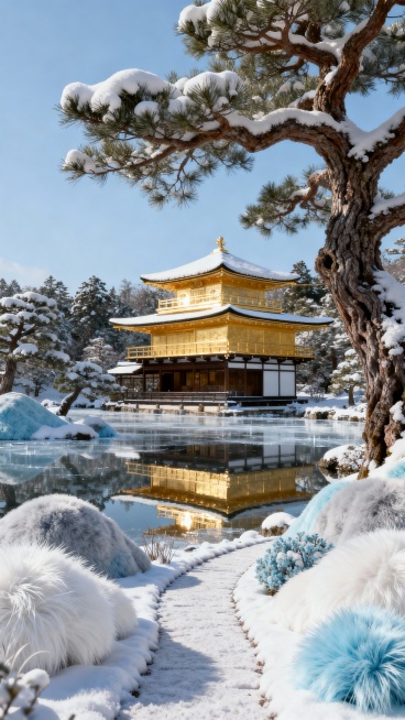 侧拍全景，冬日的金阁寺覆着薄雪，金箔外墙在阳光下依旧耀眼。下方湖面结起厚冰，清晰倒映出金阁与周围的松林，松林披雪枝干遒劲，小径覆雪无人踏足，日式庭院的静谧与冬日纯净感拉满。预览效果