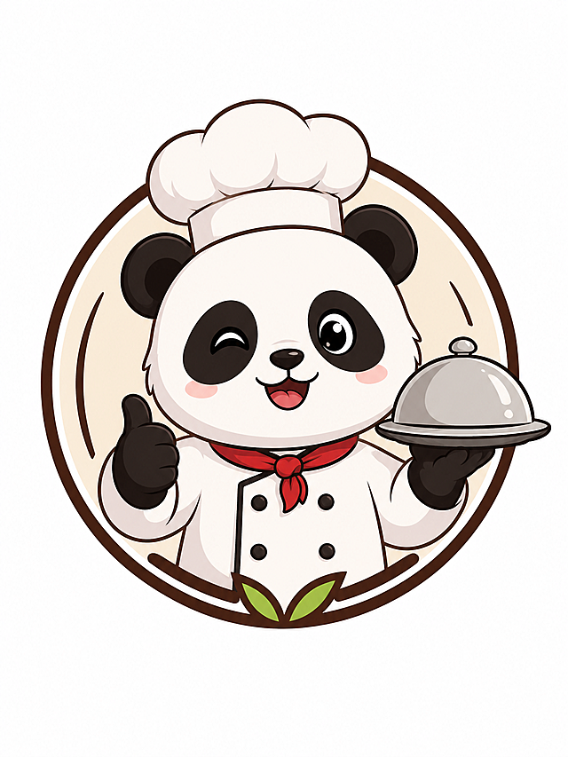 卡通熊猫厨师logo，可爱风格，熊猫戴着厨师帽，穿着厨师服，适合品牌标识