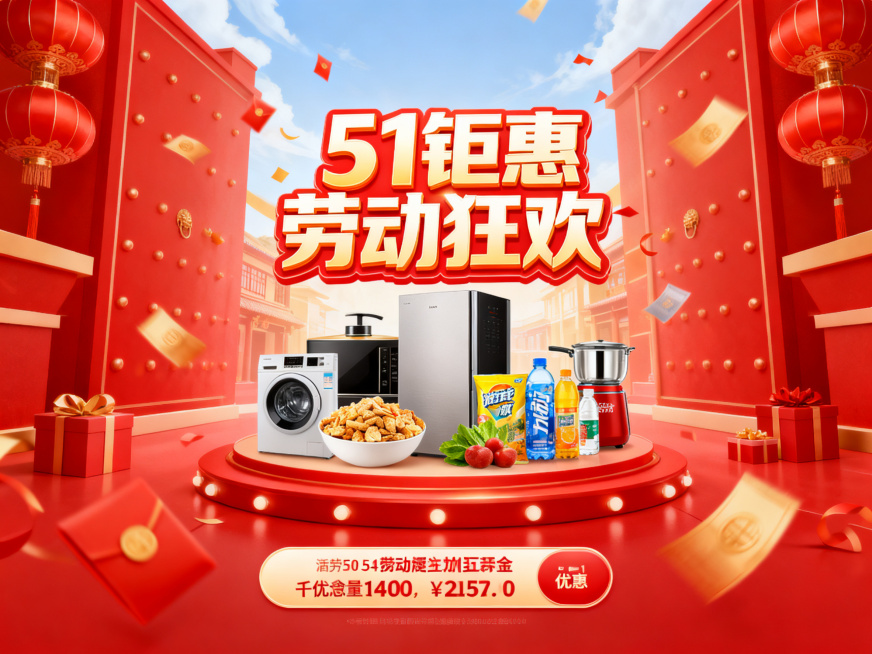横版51劳动节电商促销海报，红色喜庆风格，中心摆放促销商品，上方配有醒目文字"51钜惠 劳动狂欢"，底部标注优惠信息，整体设计活泼喜庆，适合电商平台推广预览效果