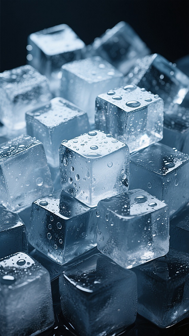 大量透明的立方体冰块紧密堆叠，表面覆盖着细密的水珠和小气泡，冰块呈现出深浅不一的蓝灰色调，整体画面以深色背景衬托，光线从上方照射，在冰块棱角处形成明亮的高光和清晰的阴影，营造出晶莹剔透、冷峻清爽的质感和氛围。