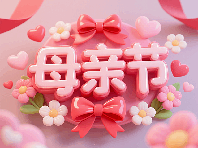 "母亲节"3D立体卡通大字，鲜花装饰，粉色