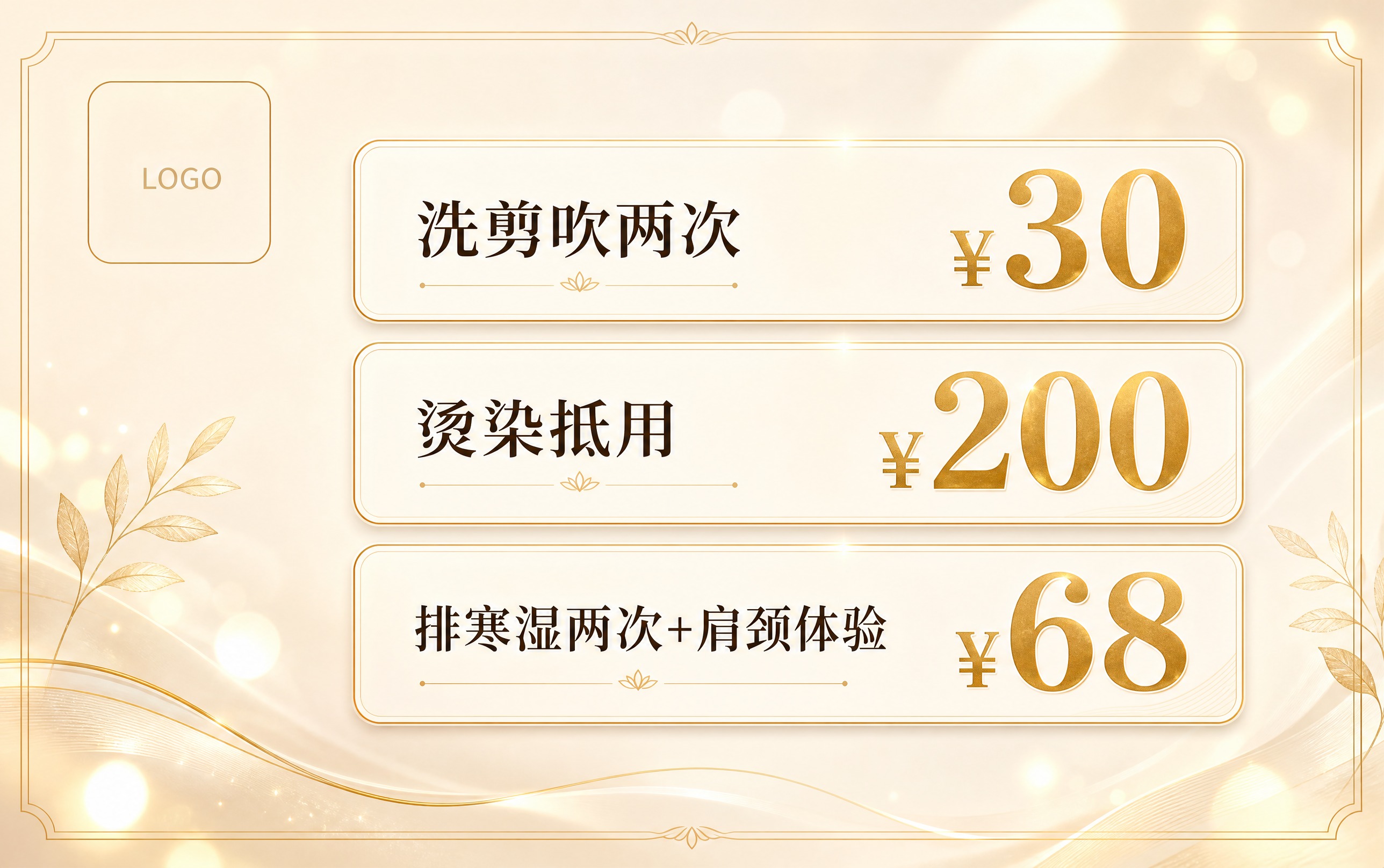 一张横版名片尺寸的美业美发养生价目卡，奶油金轻奢风格，奶油米白… - 图片创意预览