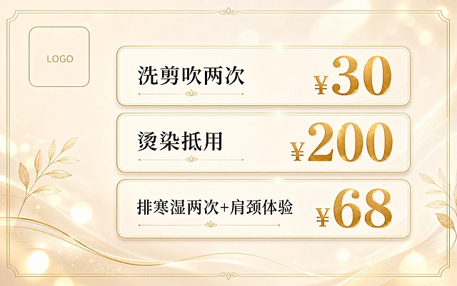 一张横版名片尺寸的美业美发养生价目卡，奶油金轻奢风格，奶油米白色渐变背景，点缀香槟金色细线条和柔和光斑，高级精致感。

版式布局：左上角预留一个圆角矩形Logo占位区域（空白框，标注"LOGO"小字），右侧和下方为三个价格套餐条目，整体排版精美，四周留足安全边距。

三个价格条目以圆角卡片形式纵向排列，每个卡片一个套餐：
① 项目名"洗剪吹两次"，价格"¥30"，价格字号最大，金色加粗，右对齐
② 项目名"烫染抵用"，价格"¥200"，价格字号最大，金色加粗，右对齐
③ 项目名"排寒湿两次+肩颈体验"，价格"¥68"，价格字号最大，金色加粗，右对齐

单品名称和价格都使用大号字体，价格数字尤其醒目突出，项目名左对齐，价格右对齐。卡片有轻微阴影和金色细描边，层次分明。

画面中不出现电话号码、二维码和地址信息。

画面中必须完整呈现以下文字信息："洗剪吹两次"、"¥30"、"烫染抵用"、"¥200"、"排寒湿两次+肩颈体验"、"¥68"。画面中所有数字必须精确渲染，不得错位、遗漏或编造。画面中所有信息区域必须填充完整合理的内容，不得出现空白框或待填写区域。