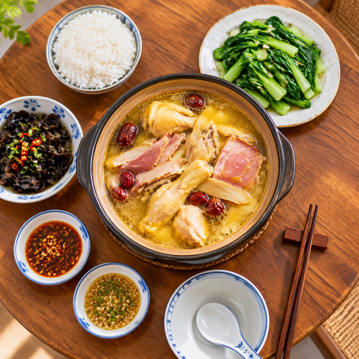 高清美食摄影俯拍：圆形木桌上摆放天麻火腿鸡砂锅，金黄鸡汤中可见… - 图片创意预览