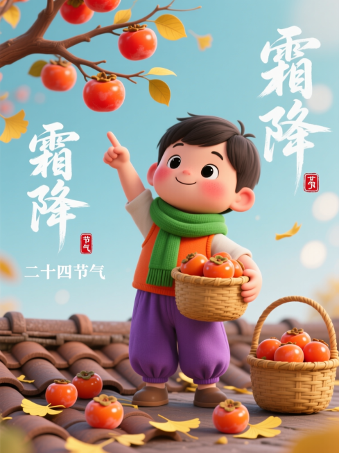 3D卡通插画风格，画面主体为绿色围巾的卡通可爱小男孩，身体比例夸张，头大身体小，面部圆润带红色不明显的腮红，黑色大眼睛呈微笑状，身着橙色背心与紫色灯笼裤，右手高举指向挂满橙红柿子的树枝，左手捧着装满柿预览效果