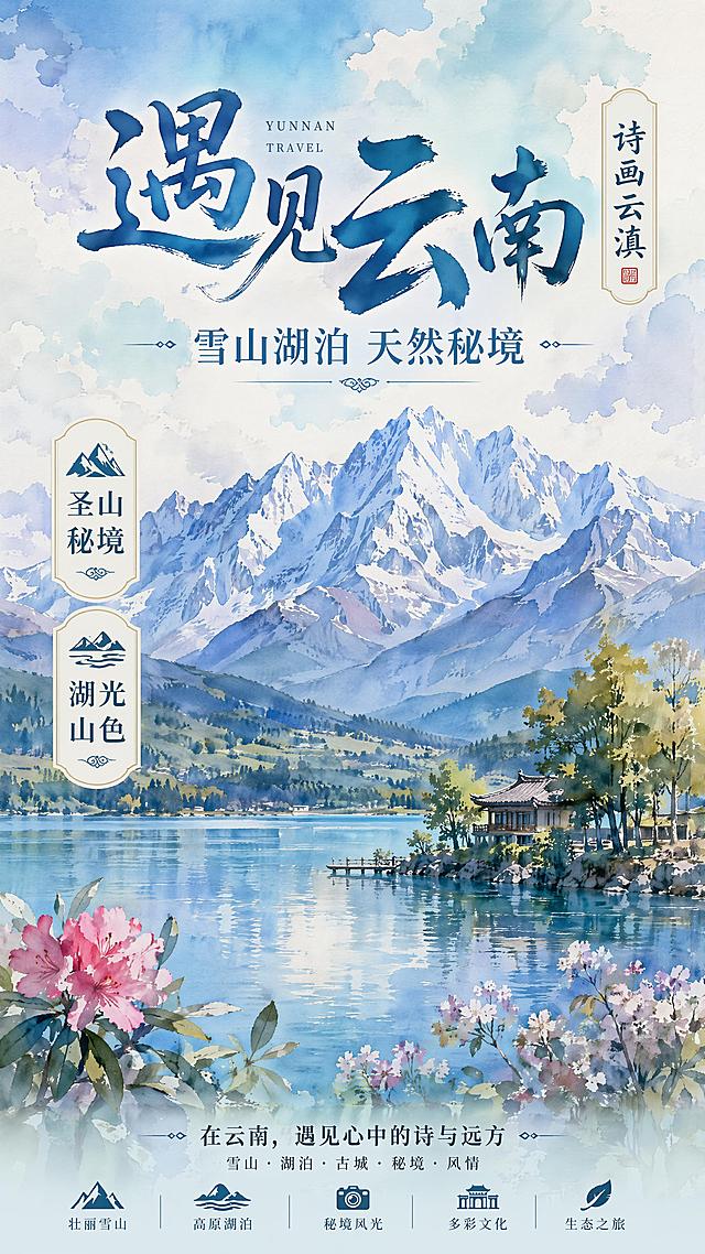 水粉画风格渲染的云南旅游宣传海报，画面主体展示壮丽的雪山与静谧的湖泊景观，色彩柔和唯美。主标题"遇见云南"，副标题"雪山湖泊 天然秘境"，装饰文字"诗画云滇"，卖点标签"圣山秘境"和"湖光山色"。版式精美，构图层次分明，文字清晰可读，整体艺术氛围浓厚，突出云南自然风光特色。