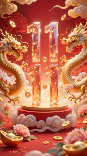 宏大的国潮风格双11主视觉，中央是琉璃质感的立体横排汉字“11·11”，两侧有金色蟠龙盘绕。背景是红色云纹与金色光芒，飘散着牡丹花瓣与铜钱元宝，底部是祥云托起的展台，整体华丽而庄重。预览效果