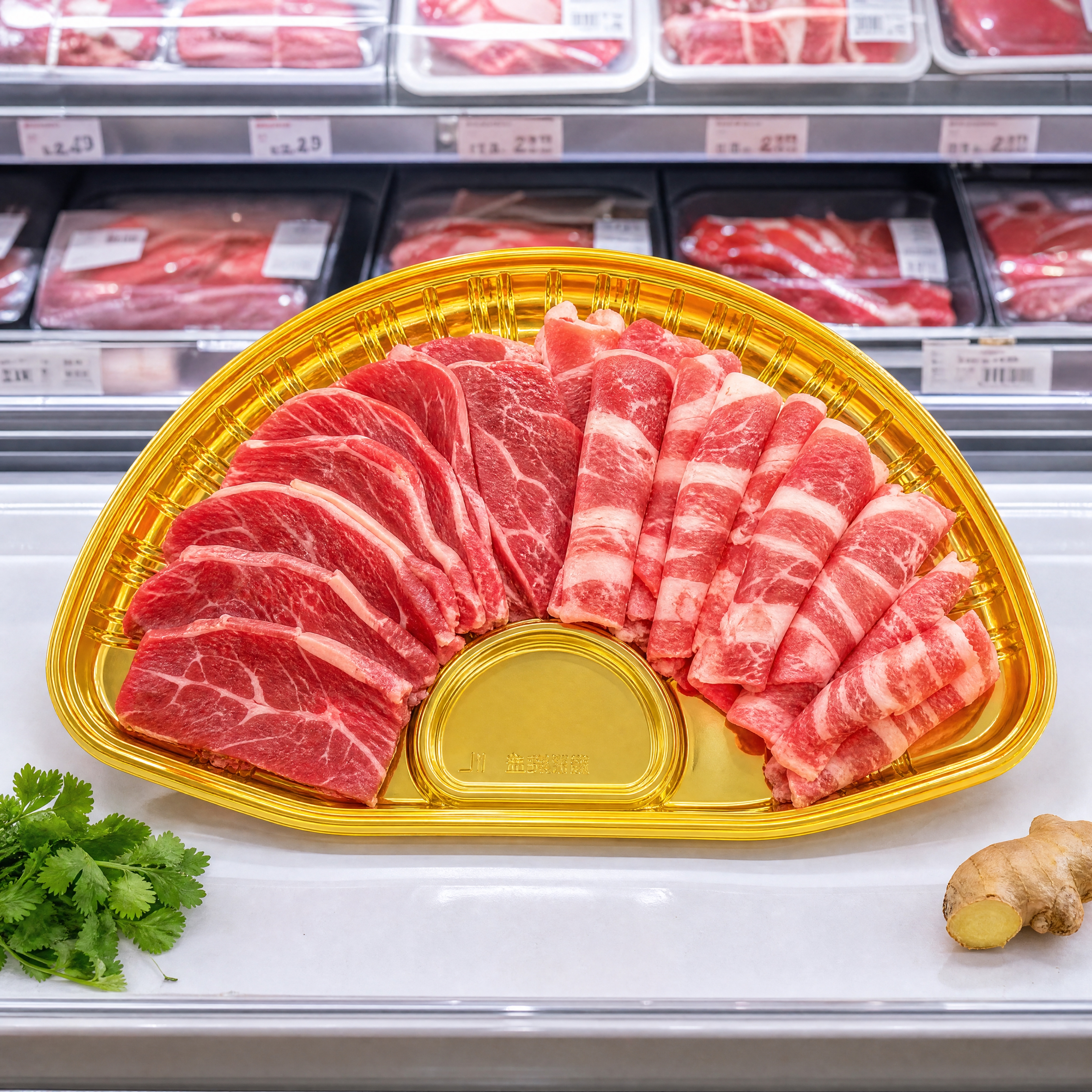 商业级生鲜产品摄影。 主体：金色扇形生鲜托盘严格参照上传产品图… - 图片创意预览