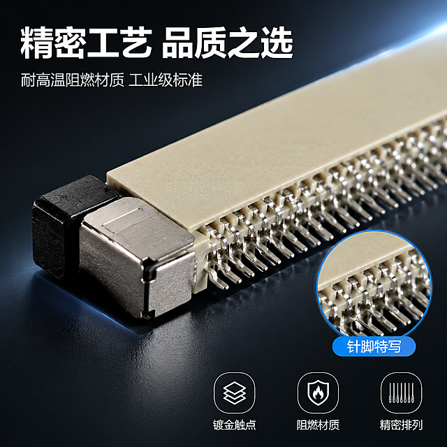 [主图-3] FPC连接器材质工艺细节特写图，微距质感展示。
[氛围风格] 工业精密风，深色科技感，突出材质细节和做工品质。
[画质] 超高清商业微距摄影，金属触点纹理清晰，塑料材质质感细腻，针脚排列整齐精密。
[元素] 画面主体为一只FPC连接器的局部放大特写，重点展示一端的黑色锁扣和银色金属贴片端子细节，以及细密的针脚排列。保持与输入产品图完全一致的结构和材质：米白色耐高温塑料本体、黑色锁扣、银色镀金金属端子、整齐排列的针脚，杜绝任何变形和色差。背景为深灰色渐变，有微弱的科技感光线从边缘扫过。右下角有一个圆形放大窗，进一步放大针脚细节，展示精密工艺。
[光影] 侧上方硬光打亮金属端子，产生锐利的高光反射，突出金属质感；塑料本体有柔和的明暗过渡，体现材质厚度；底部有柔和的环境光，暗部有细节，整体光比较大，科技感强。
[配色] 主色深灰（背景）+ 银灰（金属）+ 米白（塑料）；点缀色科技蓝（光效和标签）。
[视角构图] 微距特写视角，45度斜侧角度，景深较浅，焦点集中在锁扣和端子区域，背景虚化突出主体。
[文字版式] 左上角主标题「精密工艺 品质之选」，白色粗体大字，字号最大。标题下方一行小字「耐高温阻燃材质 工业级标准」，浅灰色细体，字号约为标题的1/3。右下角圆形放大窗外有蓝色标签文字「针脚特写」，白色字体。画面底部右侧有三个小图标加文字，横向排列：「镀金触点」「阻燃材质」「精密排列」，每个图标在上文字在下，白色文字。全部文字清晰可读，不遮挡产品核心细节。
[输出要求] 1:1比例，文字清晰锐利，超高清微距商业摄影质感。
[负向提示词] 变形，文字错乱，产品模糊，背景杂乱，水印，电商平台Logo，针脚歪斜，金属发灰发脏。