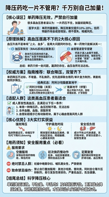 降压药吃一片不管用？千万别自己加量！（信息图简洁文案）
【核心误区】单药降压无效，严禁自行加量
很多高血压患者误以为：一片药压不住，加量就能降压。
医学大忌：单药剂量翻倍，降压效果仅提升10%-20%预览效果