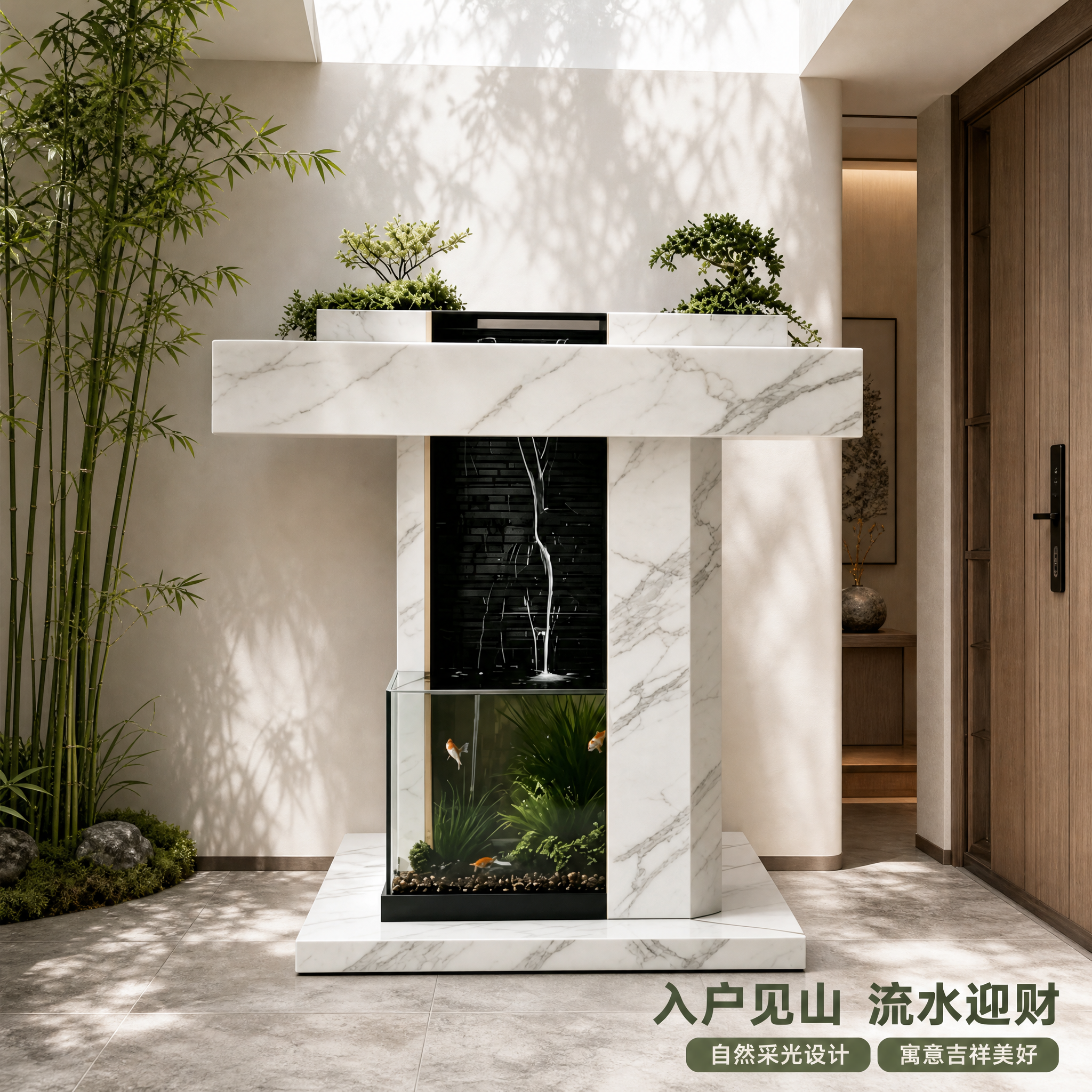 [主图-4] 复式一楼入户花园内玄关场景，展示岩板流水鱼缸在自… - 图片创意预览