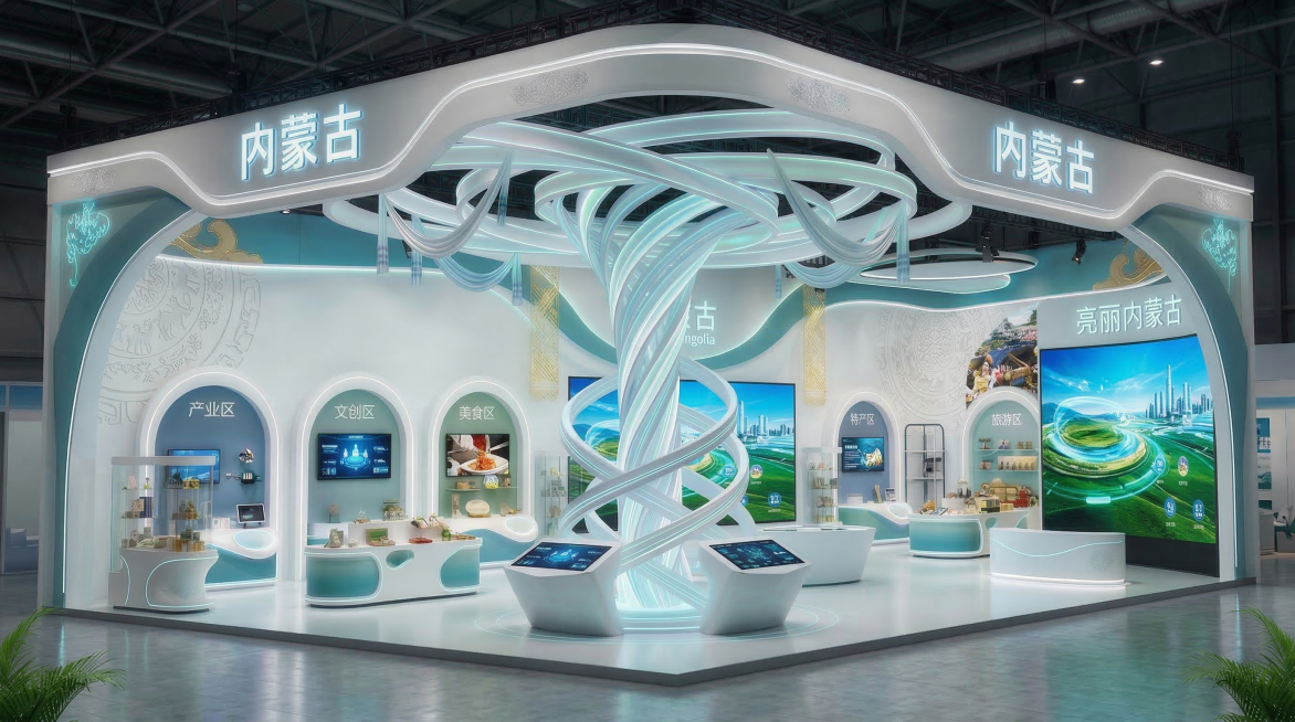 超现实科技风格内蒙古展台，三面开口，白色悬挑流线型门楣带发光「内蒙古」字样与哈达装饰；所有屏幕（亮丽内蒙古LED大屏、各功能区展示屏、互动台屏幕）全部点亮，显示对应主题的动态科技界面或内蒙古风光、文化预览效果