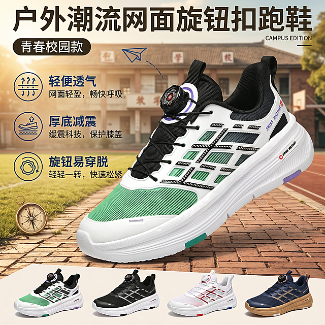 商品户外跑鞋主图，商品为绿白黑拼色网面户外旋钮扣跑鞋，卖点是轻便透气，厚底减震，风格是中国校园风，适配拼多多平台，参考图片版式设计，保留商品主体，搭配校园风场景背景，添加卖点文案，主图比例1:1