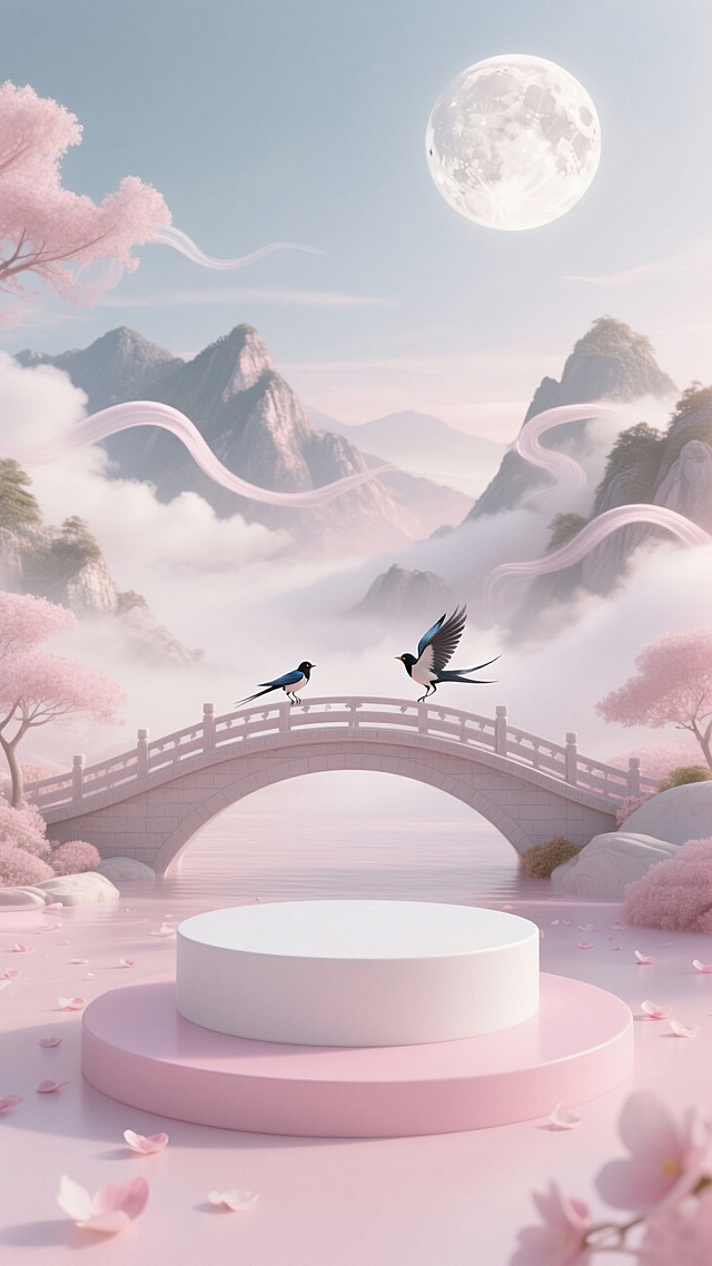 柔和的粉白色调，朦胧的山水间，一场浪漫的邂逅