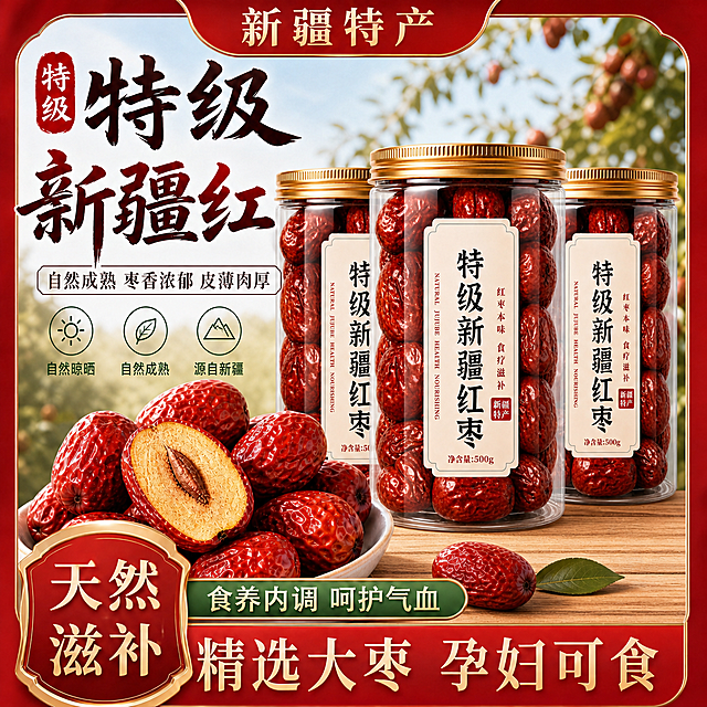 将图中的特级新疆红枣产品从1罐改为3罐，呈前后错落的三角排列布局，中间一罐在前略大，左右两罐在后略小，形成层次感；保持每罐的金色盖子、透明罐体、罐身标签文字、红枣外观与原图完全一致；保留原图所有文字排版、卖点图标、背景枣园场景、前景红枣和切开的红枣、底部促销文案、红色国潮风格整体不变；产品比例协调自然，光影统一真实，电商主图质感，高清商品摄影效果。
