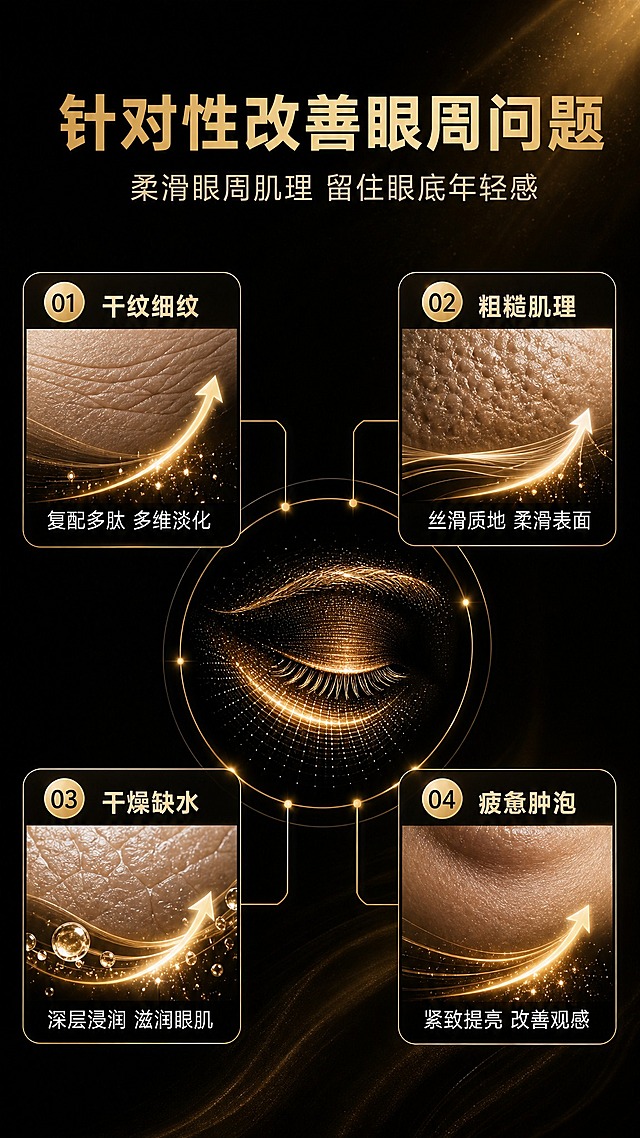 [商品] 本张为功效机理示意页，不放置产品实拍，延续黑金视觉与眼周肌理元素。
[画面] 详情页第3张功效机理页，目标为针对性改善眼周问题：深黑背景，中央金色眼周轮廓与光效链路，四周四个“问题→改善”链路卡片，每张卡由眼周肌理微距、金色箭头光效与短句组成，链路与卡片元素大而清晰；整体高级、有科技感但不生硬。
[视觉] 套系策略：风格=高端黑金奢华商业摄影；标题字=现代无衬线粗体；正文字=简洁无衬线体；主色=深炭黑；背景延展=深黑到暖黑渐变、细腻金粉光泽与柔光纹理、深浅明暗材质延展；强调色=金色，仅用于小面积图标、引线、编号徽章和局部光效；标题色=金色；正文色=暖米白；组件=金色描边圆角信息卡、细线引线、金色编号徽章；光影=右上侧金色柔光+局部轮廓光。
[文字] 主标题“针对性改善眼周问题”，副标题“柔滑眼周肌理 留住眼底年轻感”；四个链路卡：①干纹细纹→“复配多肽 多维淡化”②粗糙肌理→“丝滑质地 柔滑表面”③干燥缺水→“深层浸润 滋润眼肌”④疲惫肿泡→“紧致提亮 改善观感”。所有文字仅横向排版，清晰可读。
[规格] 图片比例9:16竖版，4K，避免变形、错字、文字过小、冷蓝/蓝灰背景、竖排或旋转文字；不出现任何平台logo、水印、二维码与绝对化宣传用语。