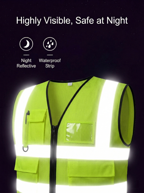 将图1中的普通款安全背心替换为图2的荧光黄网布款安全背心，保持图1的星空深色背景、顶部英文文案、图标文字的整体布局，保持背心的斜侧展示角度、反光条高亮发光效果、右侧工牌样式，去掉图2中的文字和网布细节预览效果