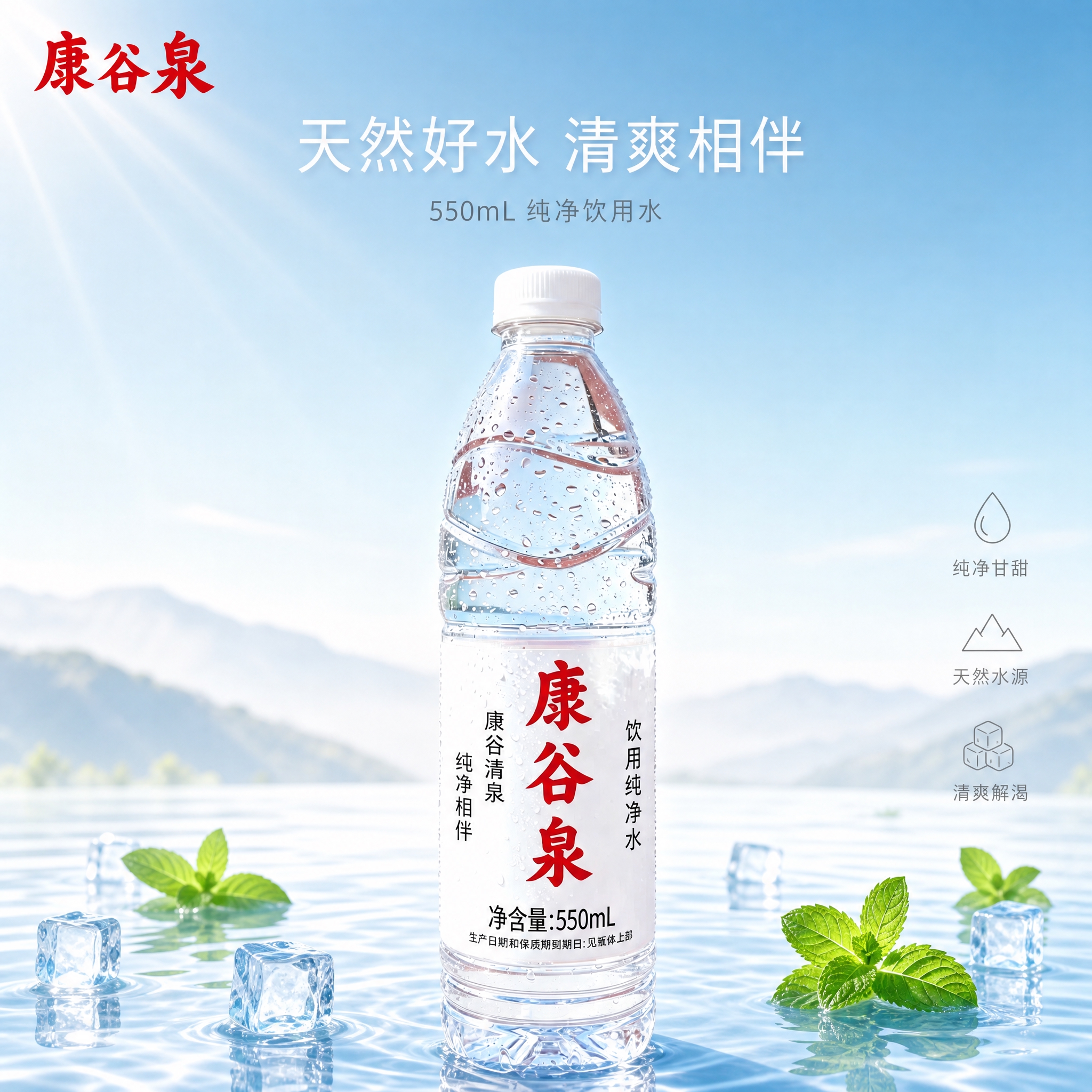 [单张主图] 康谷泉饮用纯净水550mL，高级氛围感清爽风格主… - 图片创意预览