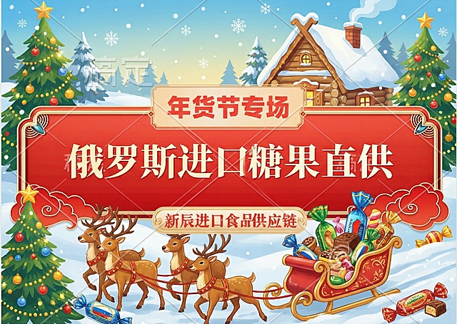 我是一名抖音电商糖果直播售卖店铺，我需要你以第一张贴图为底图，结合俄罗斯风格和俄罗斯巧克力糖的风格设计一张直播头部贴片给我，要符合新年的风格，生成7-8张风格不一样的给我挑选