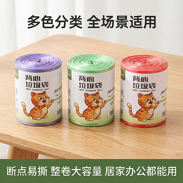 [主图 3] 趣家艾草香垃圾袋多规格展示；[氛围风格] 清新治愈居家ins风，明亮干净的电商风，和前两张风格保持统一；[画质] 商业摄影质感，光线柔和通透，产品清晰真实，画面干净高级；[元素] 紫色、绿色、红色三卷垃圾袋整齐平行排列在浅木色桌面上，展示多色可选分类设计，保持每卷产品外观颜色包装和参考图一致，商品主体占比约70%。画面干净整洁，清新居家氛围感。保持产品和输入图外观一致，杜绝变形色差；[光影] 明亮自然光均匀打光，整体通透干净，阴影柔和；[配色] 浅木色背景，搭配紫绿红产品色，清新自然；[视角构图] 平视对称构图，三卷产品整齐排列，完整展示不裁切；[文字版式] 顶部标题：「多色分类 全场景适用」，底部补充文案「断点易撕 整卷大容量 居家办公都能用」，文字居中，大小对比清晰，不遮挡产品；[比例分辨率] 1:1 比例，2k分辨率，超高清文字清晰；[负向提示词] 变形，水印，文字错乱，产品模糊，背景杂乱