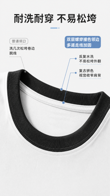 [第4屏] 工艺细节展示，撞色圆领包边+加固车缝工艺。氛围风格：细节特写，精致工艺感，清晰展示做工。元素布局：本屏使用【图1】领口区域放大特写，放置在画面中心，保持原产品黑白撞色领边、包边结构不变，放预览效果