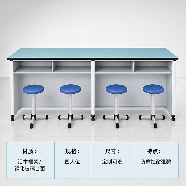 [主图-3] 铝木四人位实验桌结构参数展示图，完整展示产品整体结构，产品居中放置，底部放置参数信息条。保持产品外观（物理结构、材质质感、颜色）与输入产品图绝对一致，杜绝任何变形和色差，精细化处理。商业摄影质感，背景干净简洁，产品清晰突出。主体上方展示完整实验桌，底部通栏用半透明浅蓝底展示关键参数表格：材质 铝木框架/钢化玻璃台面；规格 四人位；尺寸 定制可选；特点 防腐蚀耐强酸。文字清晰易读，深色字在浅色背景上对比度高。整体柔和均匀布光，产品每个角落都清晰可见。1:1比例，4k分辨率，文字清晰锐利，超高清。负向提示词：变形，水印，文字错乱，产品图模糊，背景杂乱