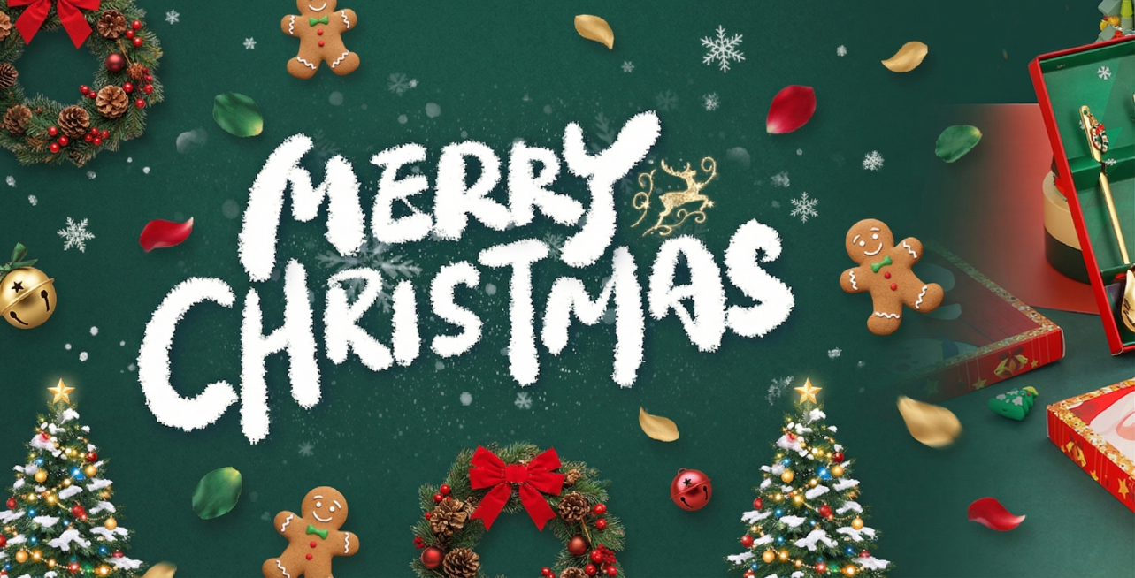 保留原图的绿色背景底色，把纯色背景改成带有纹理的背景，在海报中增加圣诞风格元素：添加姜饼人、圣诞花环、圣诞树、铃铛，文字周围围绕圣诞元素，整体飘洒大小不同的花瓣，保持圣诞主题协调，元素不要太满太复杂，预览效果