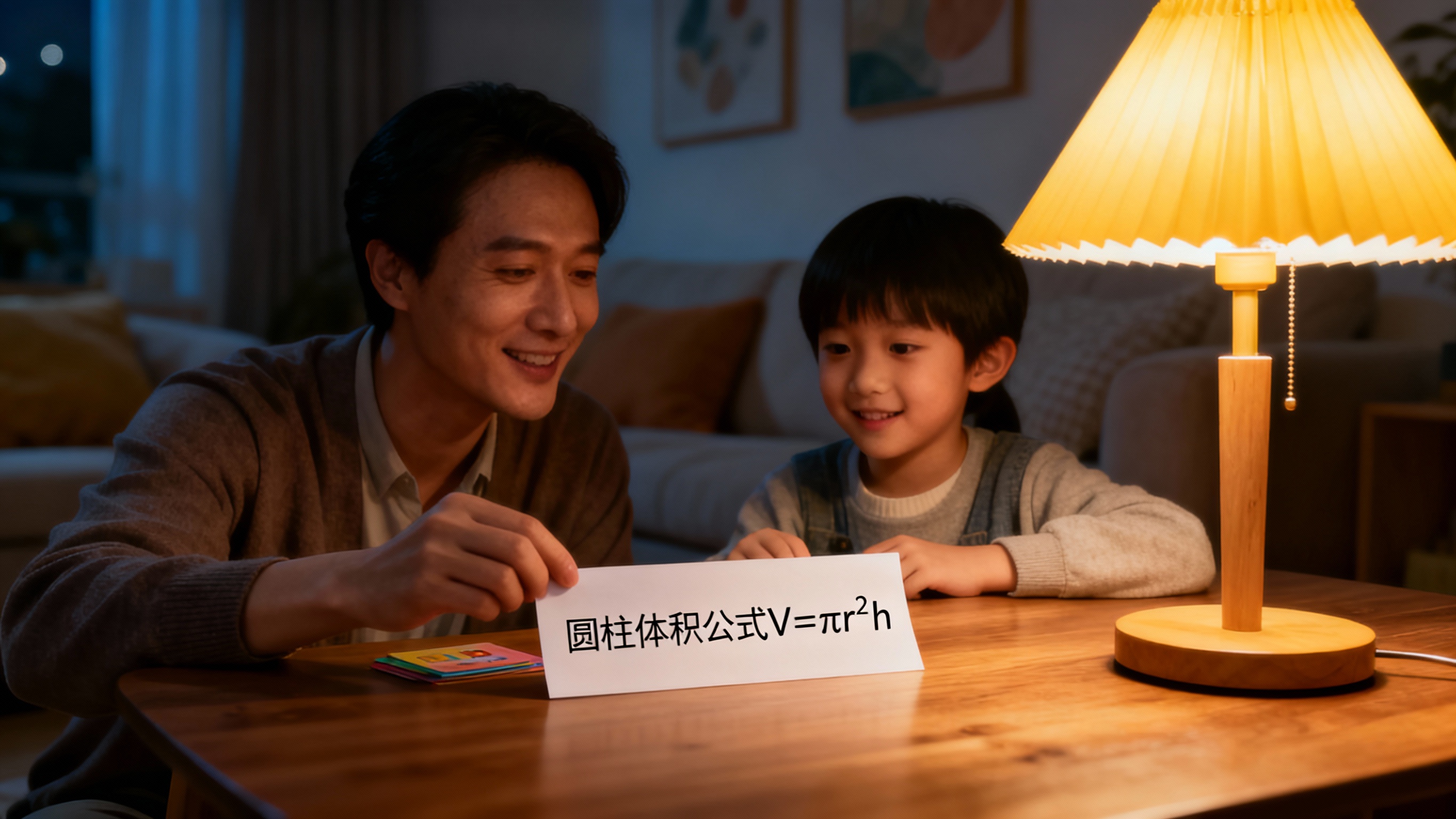 夜晚台灯下，家长与孩子玩“抽卡问答”，纸条写着“圆柱体积公式V… - 图片创意预览