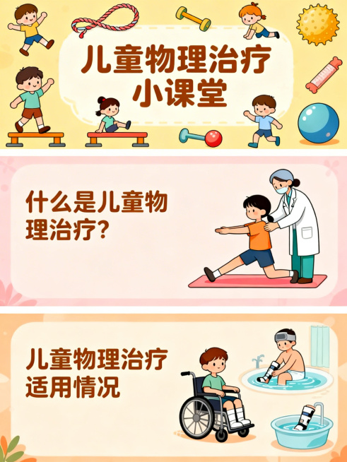 儿童物理治疗科普图文第1-3页，风格统一活泼童趣，暖色调，第1页为封面含可爱标题和卡通儿童康复元素，第2页科普什么是儿童物理治疗，搭配易懂插画，第3页介绍适用情况，画面美观和谐，符合科普内容的严谨性同预览效果