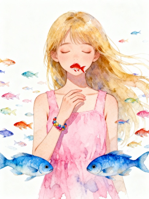 水彩风格插画，画面中央一位闭着双眼的金发少女，她穿着粉色无袖连衣裙，长发随风飘逸，右手轻抬至胸前，手腕戴着彩色串珠手链。少女唇边有一条红色小鱼，周围环绕着许多彩色小鱼，下方有两条蓝色大鱼。整体色调柔和清新，以粉色和蓝色为主，水彩晕染效果自然，笔触轻盈通透，营造出梦幻宁静的氛围，背景为纯净的白色，突出主体人物和海洋生物的灵动。预览效果