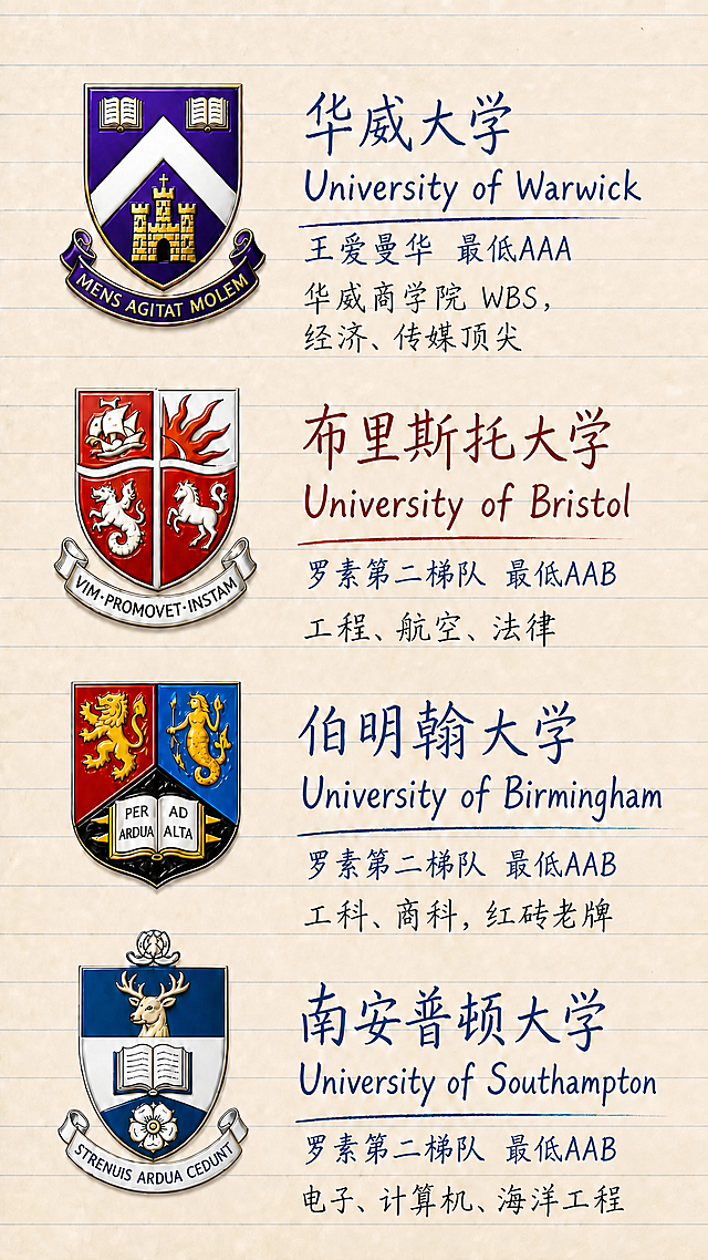 将图中A-Level要求改为最低要求（取区间下限），保持原图画风完全不变。具体修改：
1. 华威大学：将"王爱曼华 AAA - A*AA"改为"王爱曼华 最低AAA"
2. 布里斯托大学：将"罗素第二梯队 AAA - AAB"改为"罗素第二梯队 最低AAB"
3. 伯明翰大学：将"罗素第二梯队 AAB - AAA"改为"罗素第二梯队 最低AAB"
4. 南安普顿大学：将"罗素第二梯队 AAB - AAA"改为"罗素第二梯队 最低AAB"
文字风格、颜色、字号与原图完全一致，校徽、其他文字、背景全部保持不变。