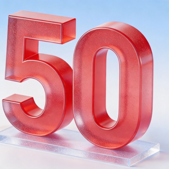 3D立体图标设计，主体为红色磨砂玻璃质感的立体数字"50"，极粗厚重圆体，保留圆润笔画风格，数字下方配有透明磨砂长方体薄底座，表面呈现磨砂颗粒纹理和通透折射效果，干净浅蓝色背景，高质量渲染，文字整体完预览效果