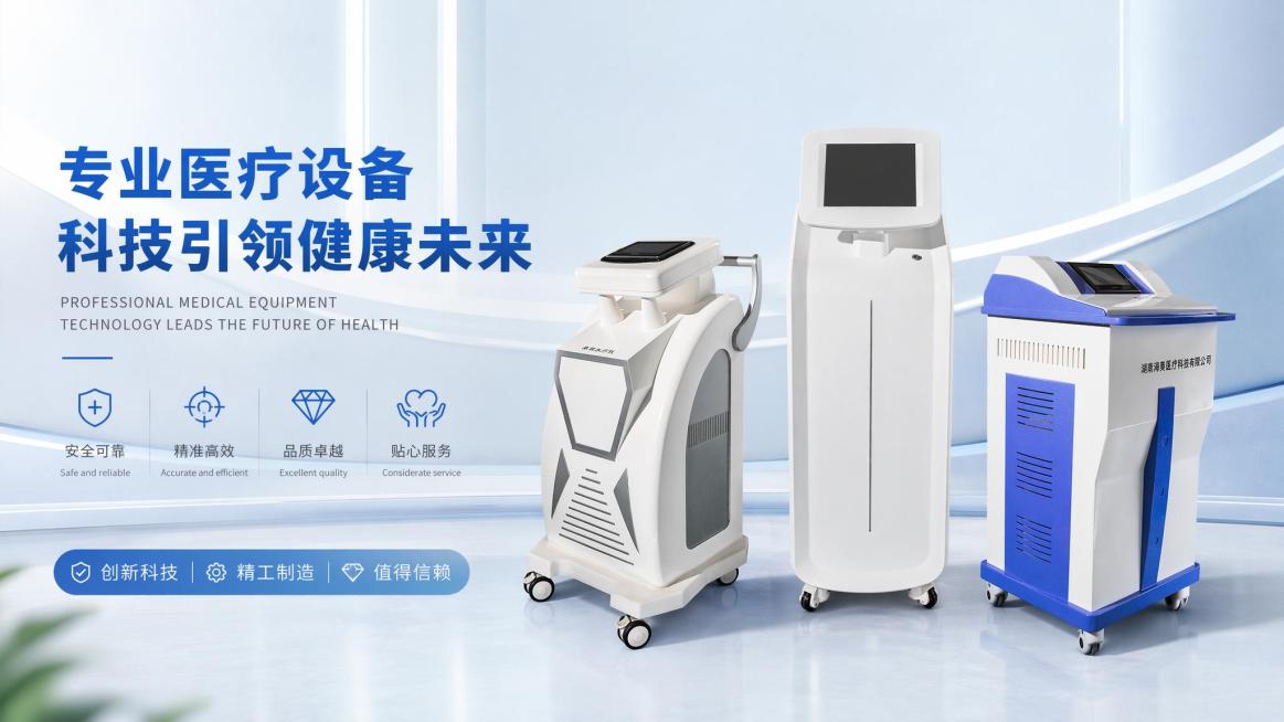 基于这三张医疗仪器的图片，生成一张尺寸为1182*576像素的医疗设备商业推广图，保留三台仪器完整展示，背景简洁专业，适合商用推广预览效果