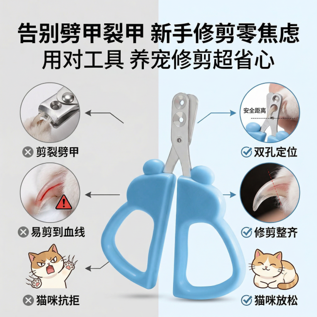 严格还原上传产品细节，产品为宠物双圆孔指甲剪，主视觉采用左右对比布局，左侧为普通指甲剪痛点：剪裂劈甲、易剪到血线、猫咪抗拒，右侧为本品优势：双孔定位、修剪整齐、猫咪放松，本产品居中放在右侧，背景为浅灰预览效果