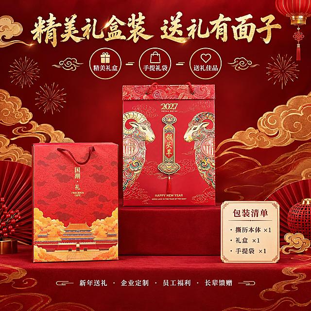 [主图-5] 礼盒包装展示，突出送礼属性和包装清单。
[统一基调] 国潮喜庆风格，红金主色调，背景为深红色渐变搭配金色祥云纹理，标题字体为大气书法体金色字，辅助文字为白色宋体，整体氛围高端大气有年味。
[画面] 画面采用上下分区构图。上方展示image5中的国潮礼手提袋正面，立放在画面中央偏上位置，占画面约40%，展示礼盒袋的精美外观。下方平铺展示整套产品：撕历本体、礼盒、手提袋，整齐排列，体现包装完整。背景为深红色渐变，点缀金色祥云和烟花纹样，营造送礼的喜庆氛围。
[光影质感] 商业产品摄影质感，柔光拍摄，产品包装质感清晰，纸质纹理细腻，烫金部分有金属光泽，整体高端大气。
[配色] 主色中国红+金色，辅助色米白，背景深红渐变。
[文字版式] 顶部主标题"精美礼盒装 送礼有面子"金色书法大字。下方三个圆形图标横向排列："精美礼盒""手提礼袋""送礼佳品"，每个图标配文字说明。底部小字"新年送礼 企业定制 员工福利 长辈馈赠"白色文字。文字不遮挡产品主体。
[输出要求] 1:1正方形比例，2K分辨率，产品清晰，包装完整，文字清晰可读，无变形，无错字，无水印，无平台logo。