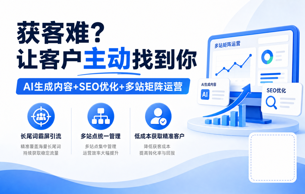 宣传广告图，用途是在软文中插入，风格简单大气，清晰传达产品内容，让用户快速理解。主标题文字："获客难？让客户主动找到你"，副标题文字："AI生成内容+SEO优化+多站矩阵运营"，三个卖点文字分别是："预览效果