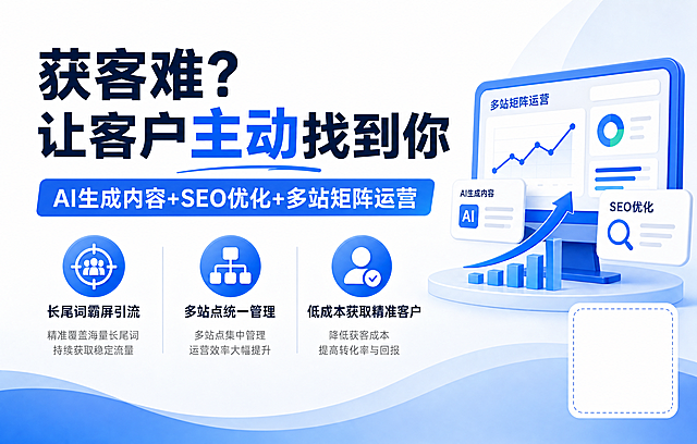 宣传广告图，用途是在软文中插入，风格简单大气，清晰传达产品内容，让用户快速理解。主标题文字："获客难？让客户主动找到你"，副标题文字："AI生成内容+SEO优化+多站矩阵运营"，三个卖点文字分别是："长尾词霸屏引流"、"多站点统一管理"、"低成本获取精准客户"，右下角预留位置放置客户转化二维码。整体设计简洁大气，信息层级分明，文字清晰醒目，背景干净简约。