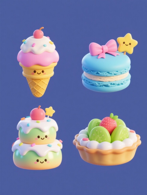 四个不同纯色背景的3D卡通风格可爱食物插画系列，包含粉色奶油蛋糕、黄色冰淇淋甜筒、蓝色马卡龙饼干塔和绿色水果挞，每个食物都有圆润Q弹的造型、光滑亮泽的表面质感、渐变柔和的色彩过渡、立体感阴影和高光，点缀着白色糖霜、彩色糖粒、粉色蝴蝶结和黄色星星装饰元素，整体呈现出甜蜜欢快的氛围，四个元素规整排布在画面中，保持统一的3D卡通风格和元素类目预览效果