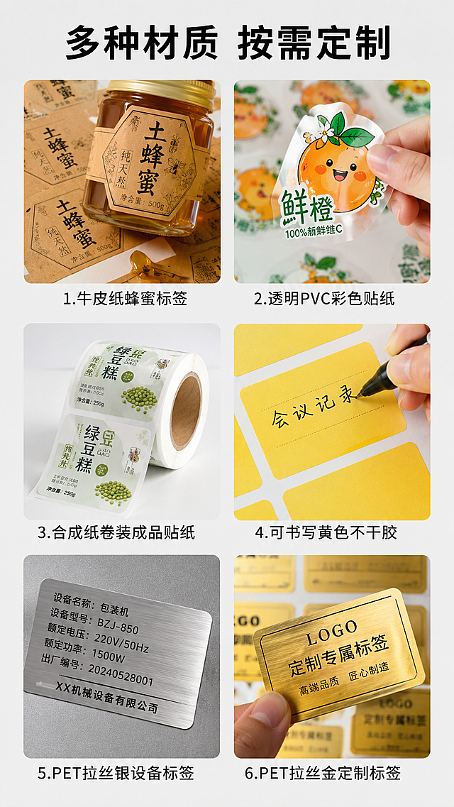 按照参考图片的排版风格设计，生成6种不同材质不干胶实拍图，整体排版采用3行2列宫格方式，每个宫格展示一种不同材质不干胶，并在下方标注材质名称，顶部主标题为"多种材质 按需定制"黑色加粗大字，整体风格和参考图片一致，背景为浅灰白色，每个宫格内是真实实拍不干胶贴纸，清晰展示不同材质特点，比例为9:16，2K高清。六种材质分别是：1.牛皮纸蜂蜜标签、2.透明PVC彩色贴纸、3.合成纸卷装成品贴纸、4.可书写黄色不干胶、5.PET拉丝银设备标签、6.PET拉丝金定制标签，每个格子内产品摆放参考参考图风格，保持真实摄影质感。