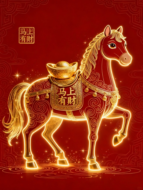 中国风插画大师杰作，国风线稿插画，抽象画风，倪传婧的风格，萌宠马：唐马，唐马背着金元宝，唐马鞍具上蚀刻仿古印章“马上有財”，身形图案完整，美轮美奂，线条柔美灵动，眼睛有神，祥和的神态，优雅的姿势，奢华预览效果