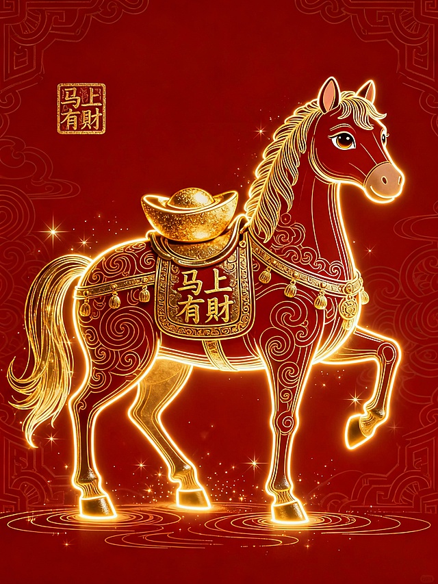 中国风插画大师杰作，国风线稿插画，抽象画风，倪传婧的风格，萌宠马：唐马，唐马背着金元宝，唐马鞍具上蚀刻仿古印章“马上有財”，身形图案完整，美轮美奂，线条柔美灵动，眼睛有神，祥和的神态，优雅的姿势，奢华装饰艺术，中国传统纹饰，荧光金色线条，0.5mm极细金色金属质感勾边，发光效果，离子飞散效果，中国红背景。中景正构图，国风奇幻流派，肌理线条繁复，纹饰细节精致，国风神秘氛围。高清渲染，高品质细节，超高清分辨率，最佳品质，8K壁纸