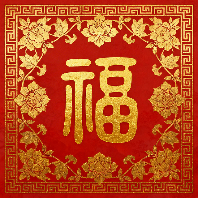 红底金福字，古风风格，福字为篆书，背景搭配金色缠枝莲纹、回纹，整体古朴典雅
