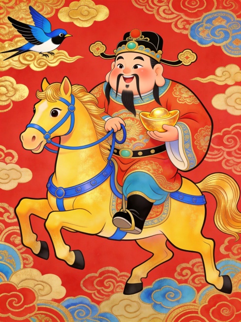 皮克斯风格。财神爷骑金黄色奔腾骏马，左手托金元宝，右手握缰绳；骏马四蹄腾空，配蓝色马具。左上角有蓝黑白相间燕子与金色祥云，红色背景预览效果