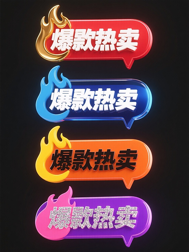 一组4个不同配色、不同样式、不同材质的「爆款热卖」文案设计，保持干净简洁的现代风格，符合现实逻辑，适用于素材使用。每个文案均采用类似原图的火焰装饰对话框形状，内部文字为醒目的「爆款热卖」四字。第一个为红色背景配金色火焰与白色立体文字，呈现金属质感；第二个为蓝色背景配白色火焰与深蓝色渐变文字，带有磨砂玻璃效果；第三个为橙色背景配黄色火焰与黑色加粗文字，展现哑光塑料质感；第四个为紫色背景配粉色火焰与银色闪光文字，具有光滑亚克力材质。所有设计均注重色彩和谐、光影对比清晰，文字排版居中对齐，视觉层级明确，信息传达高效，整体风格统一且富有变化，适合作为促销素材使用。