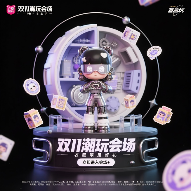 3D风格弹圈，背景为纯黑色，画面中央是3D潮玩女孩角色，双手比心，人物背后是一座潮玩模型半剖面结构，一半为完整外观、一半展示内部零件结构，人物两侧漂浮贴纸、徽章、盲盒包装，前景为标题“双11潮玩会场”预览效果