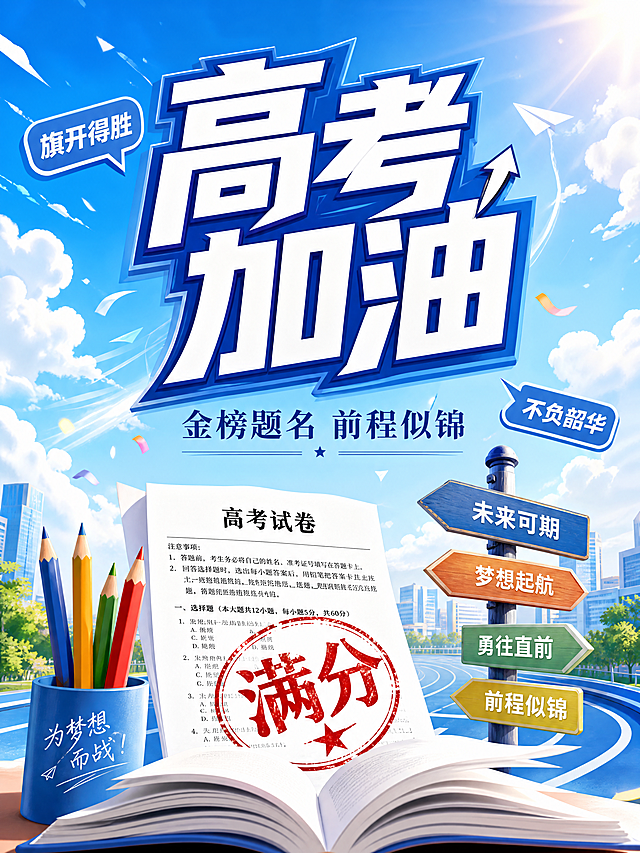 青春活力蓝色风格高考加油海报，主标题大字"高考加油"，副标题"金榜题名 前程似锦"，装饰文字"旗开得胜" "不负韶华"，试卷标题为"高考试卷"，红色大字标注"满分"，保留书本铅笔路标元素，整体氛围积极阳光
